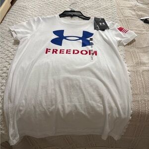 Under Armour White Tee with Blue Logo and Red Text